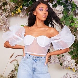Organza Cup Bardot Frill Sleeve Crop Top